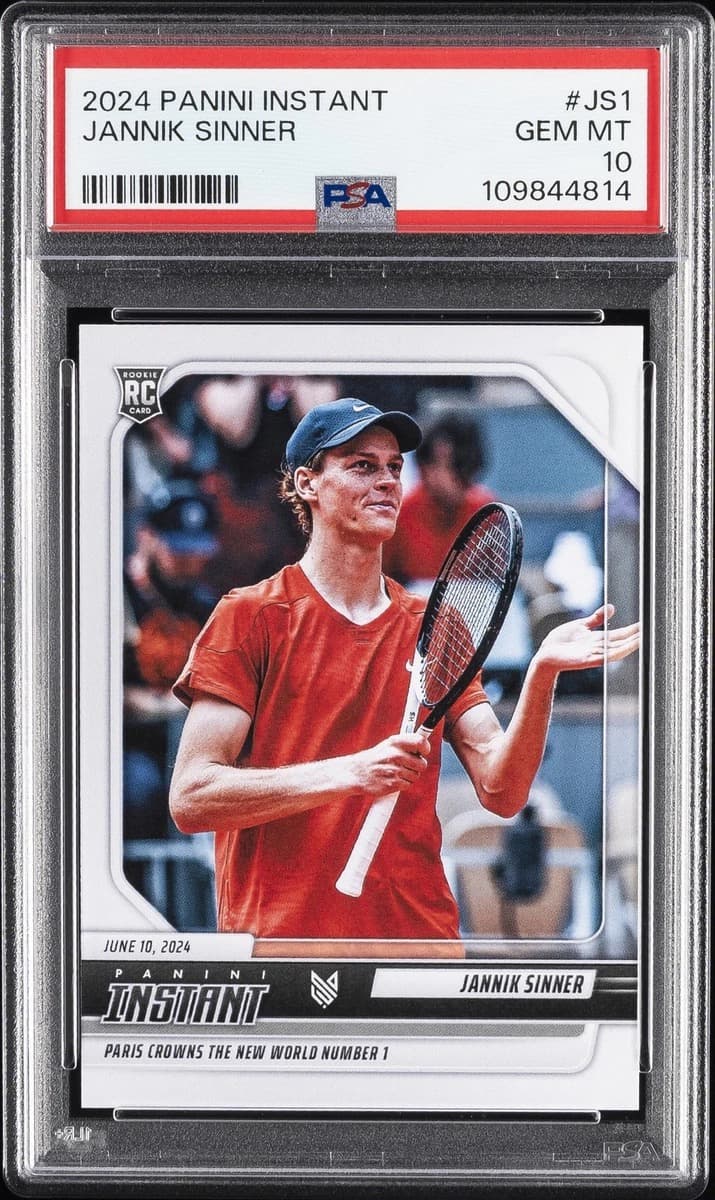A 2024 Panini Instant Jannik Sinner card, number JS1, in a PSA 10 slab