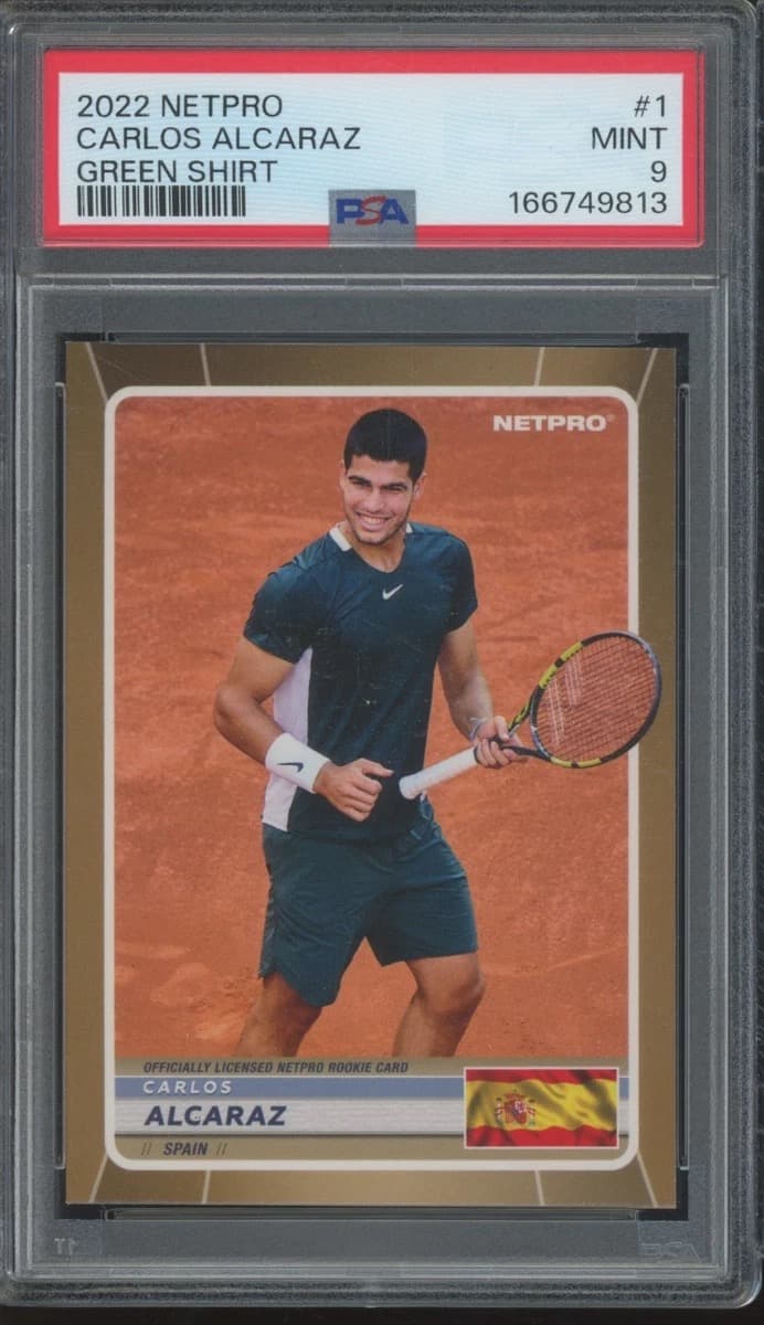 A 2022 NetPro Carlos Alcaraz Green Shirt card, number 1, in a PSA 9 slab