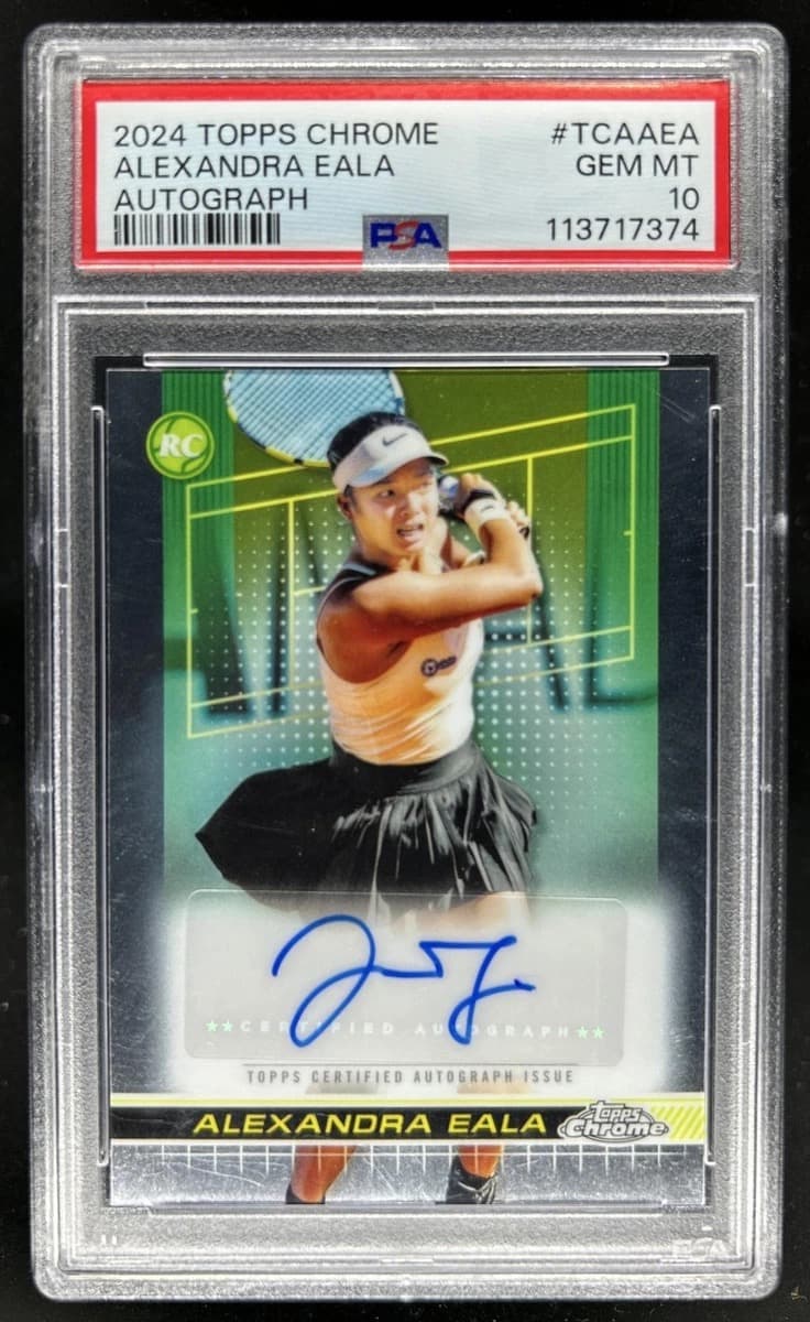 A 2024 Topps Chrome Alexandra Eala autograph card, number TCA-AEA, in a PSA 10 slab