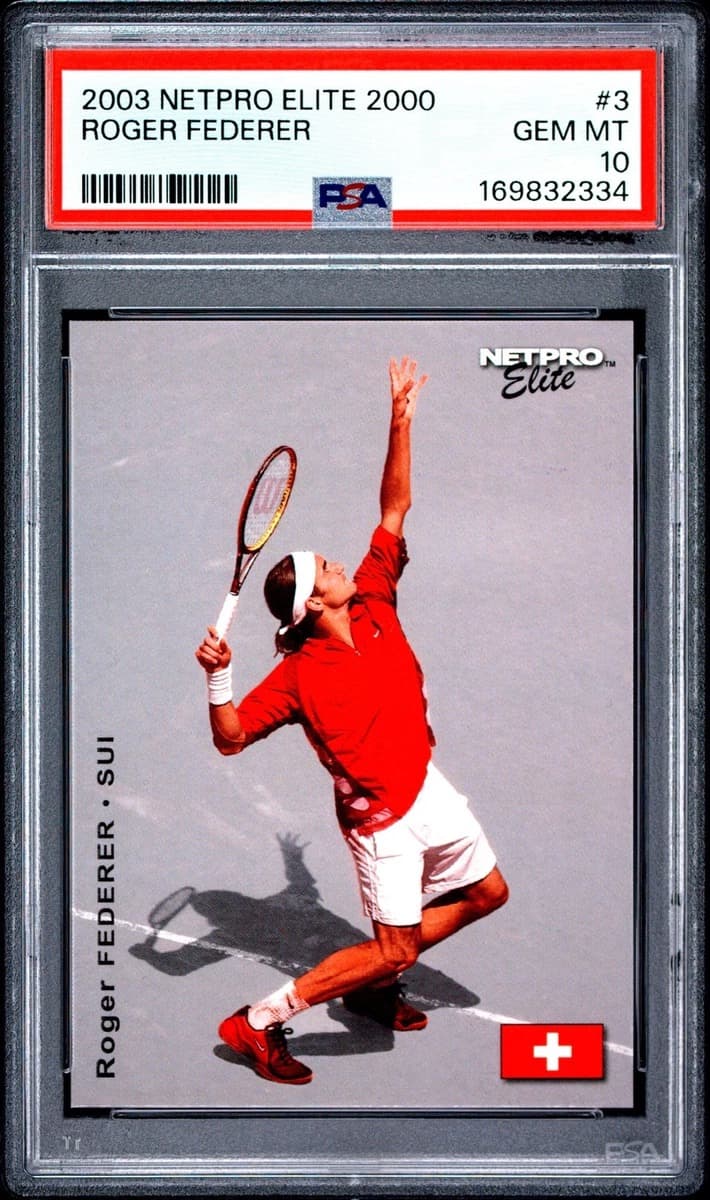A 2003 NetPro Elite 2000 Roger Federer card, number 3, in a PSA 10 slab