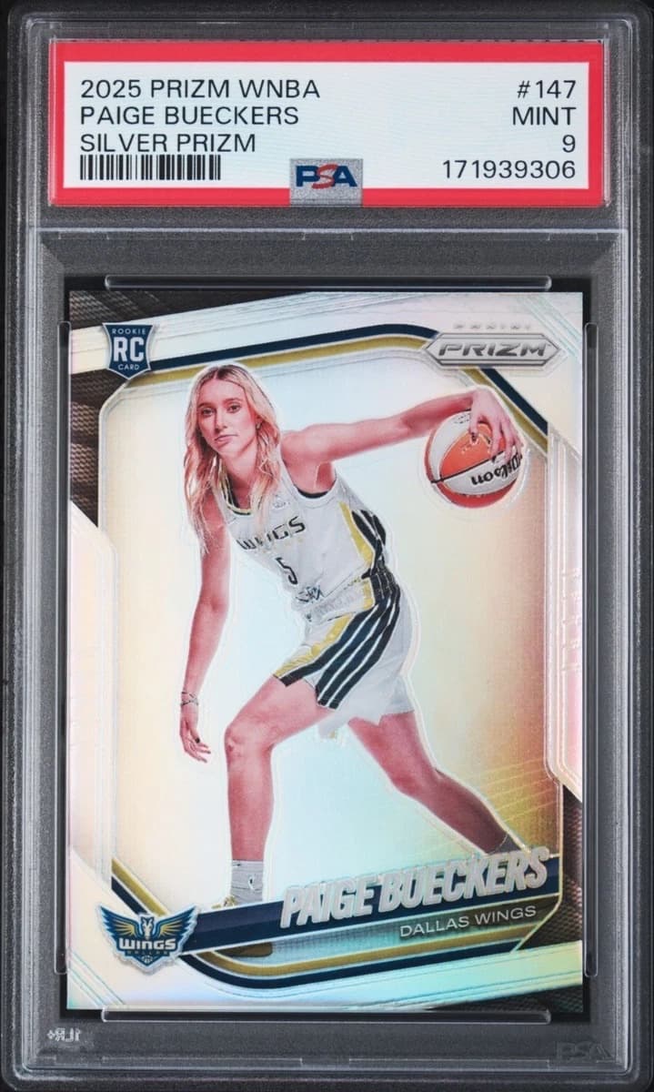A 2025 Panini Prizm WNBA Paige Bueckers Silver rookie card, number 147, in a PSA 9 slab