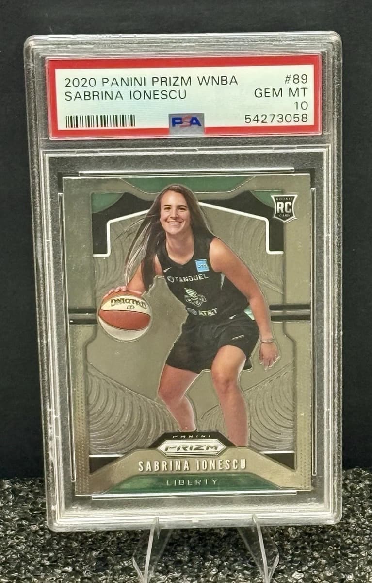 A 2020 Panini Prizm WNBA Sabrina Ionescu rookie card, number 89, in a PSA 10 slab