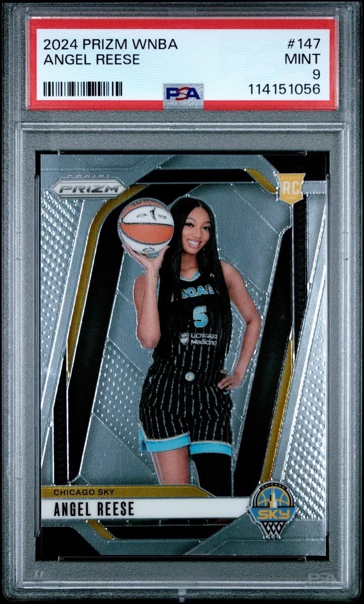 A 2024 Panini Prizm WNBA Angel Reese rookie card, number 147, in a PSA 9 slab
