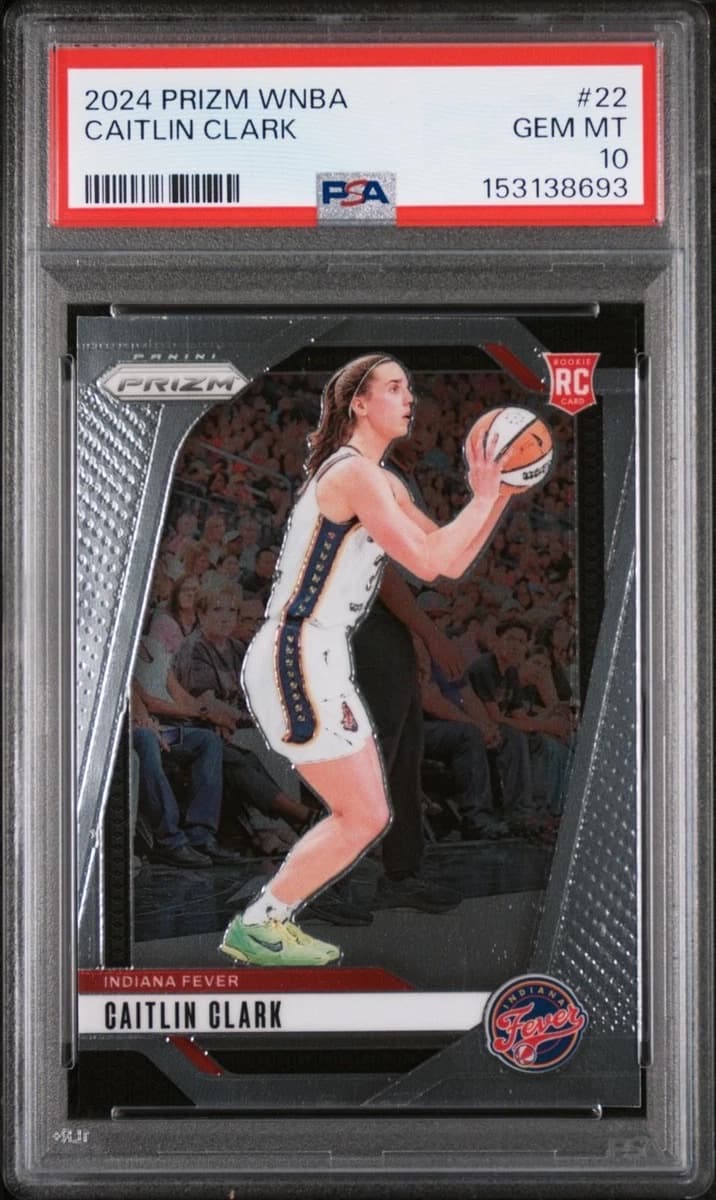 A 2024 Panini Prizm WNBA Caitlin Clark rookie card, number 22, in a PSA 10 slab