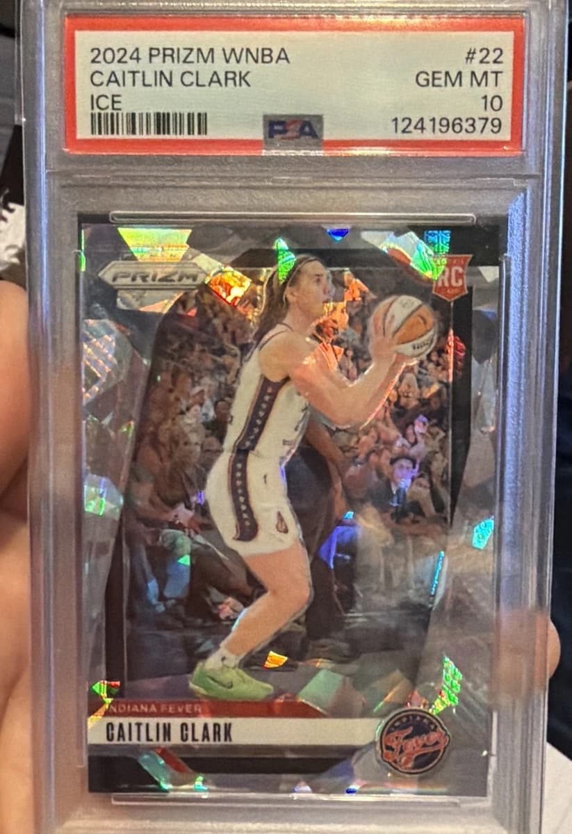 A 2024 Panini Prizm WNBA Caitlin Clark Ice rookie card, number 22, in a PSA 10 slab