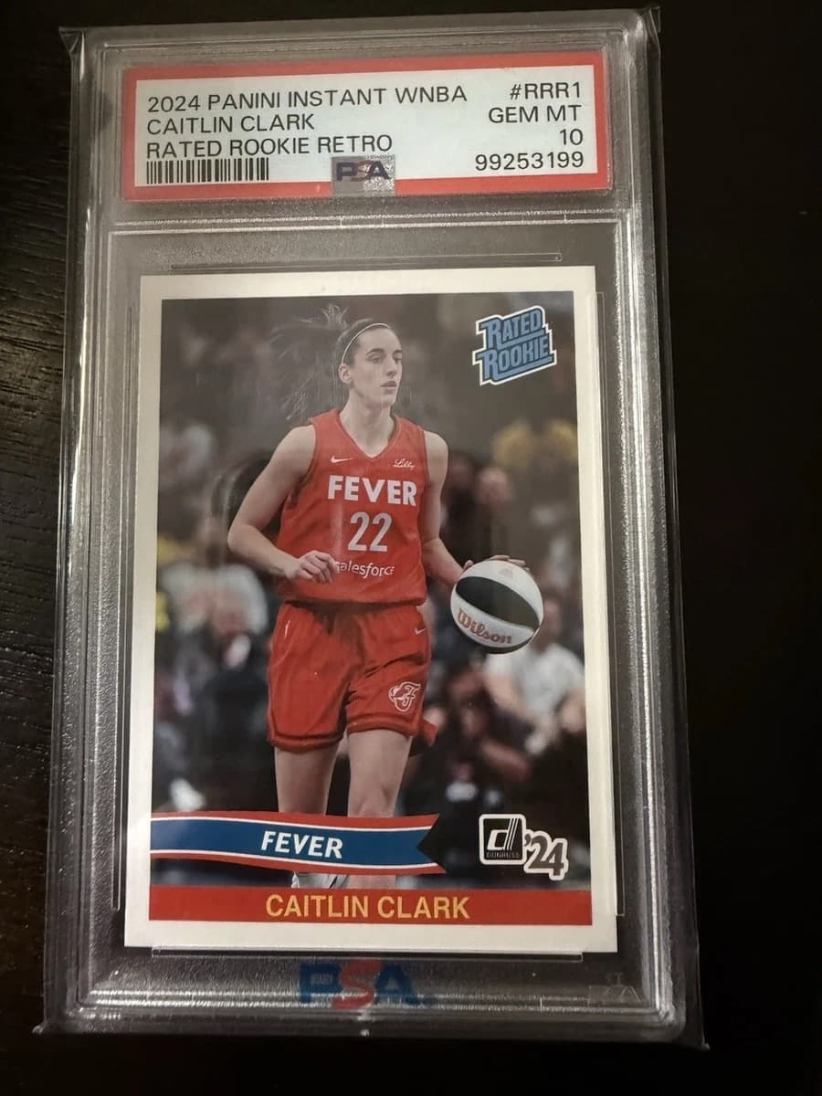 A 2024 Panini Instant WNBA Caitlin Clark Rated Rookie Retro card, number RRR-1, in a PSA 10 slab