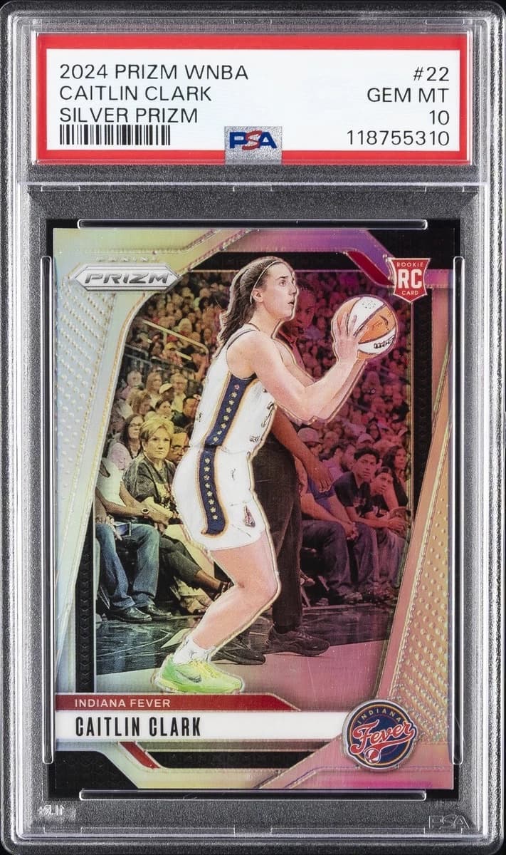 A 2024 Panini Prizm WNBA Caitlin Clark Silver rookie card, number 22, in a PSA 10 slab