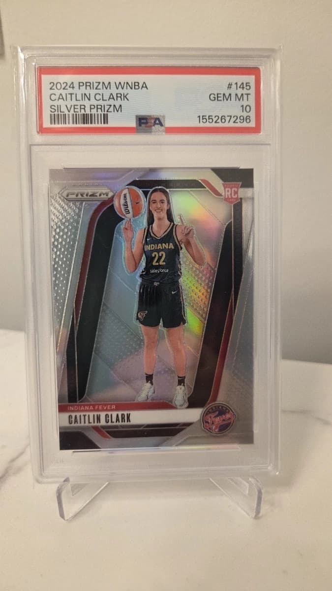 A 2024 Panini Prizm WNBA Caitlin Clark Silver rookie card, number 145, in a PSA 10 slab