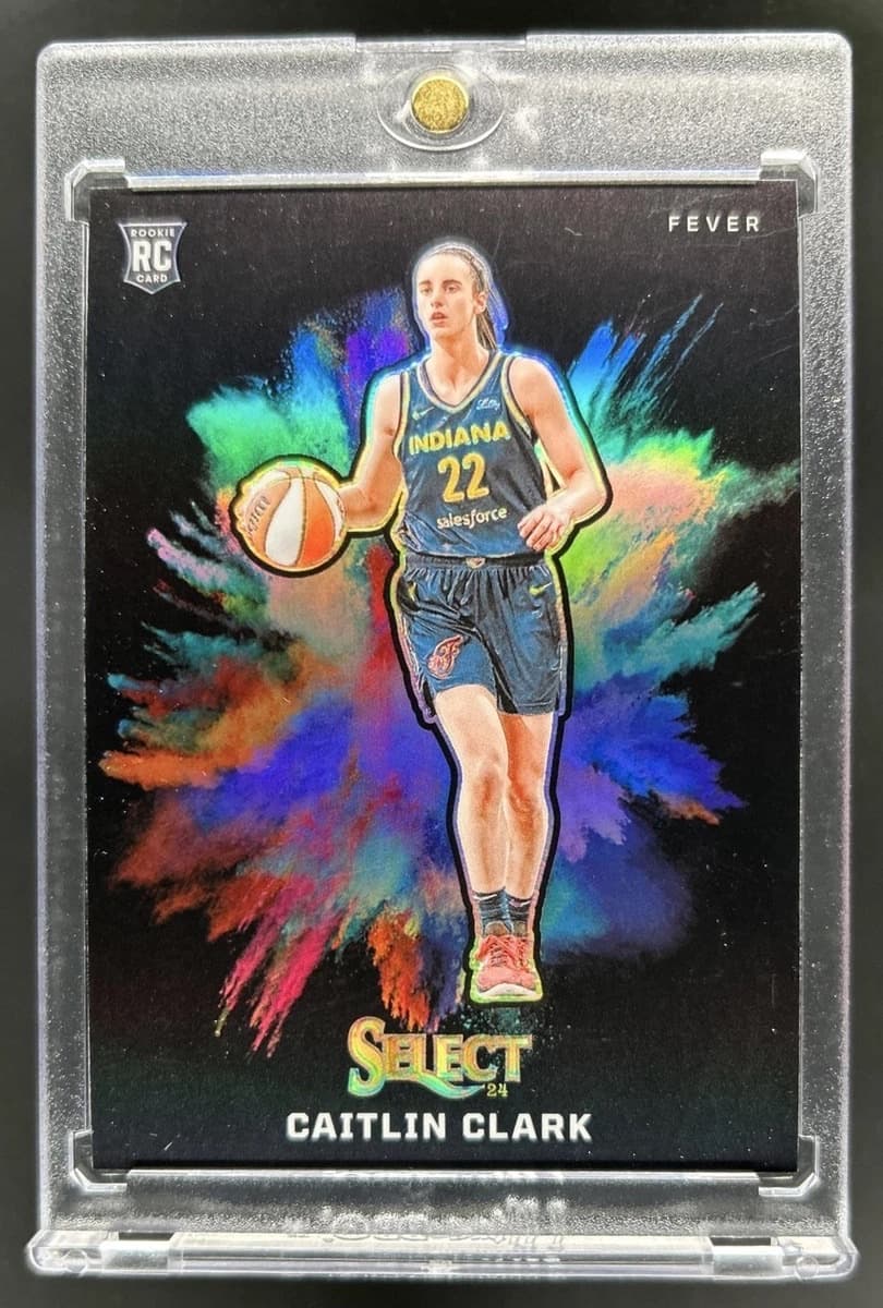 A raw 2024 Panini Select WNBA Caitlin Clark Black Color Blast insert card in a magnetic holder