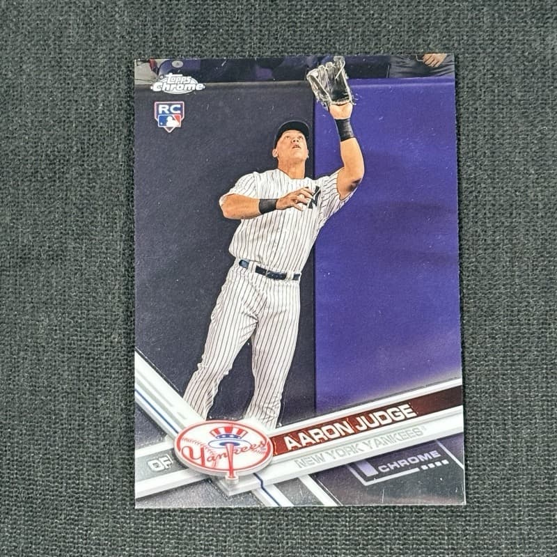 A 2017 Topps Chrome Aaron Judge rookie, shown as an example of a fully licensed Topps MLB card, the kind the plaintiffs said they bought. Card image: eBay listing photo, via CardSight.