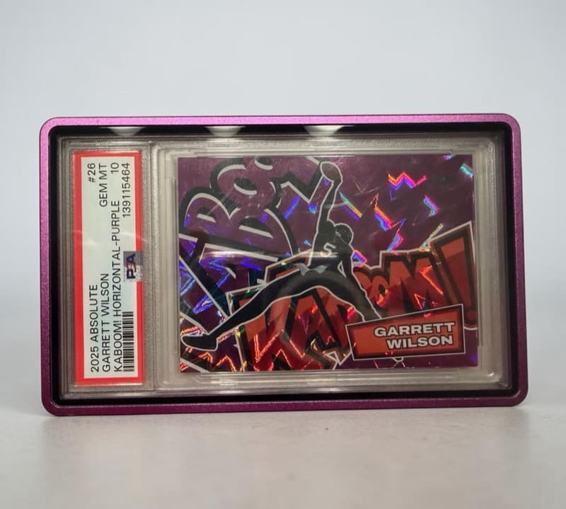 Garrett Wilson 2025 Panini Absolute Kaboom Horizontal Purple #26, PSA 10, the copy that sold for $10,500 USD on September 28. Card image: eBay listing photo.