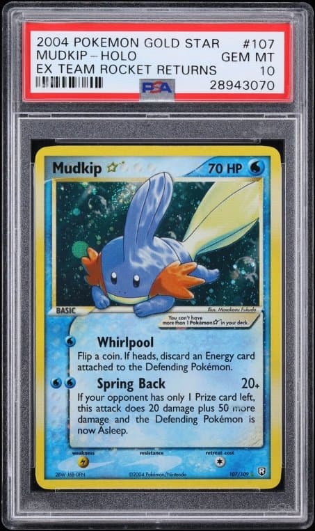 The 2004 Gold Star Mudkip #107 in PSA 10, the copy that sold for $1,020,000 USD on September 20. Card image: Fanatics Collect lot photo.