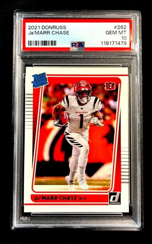 The 2021 Donruss #262 Ja'Marr Chase Rated Rookie in a PSA 10 slab, cert 118171479. Card image: eBay listing photo.