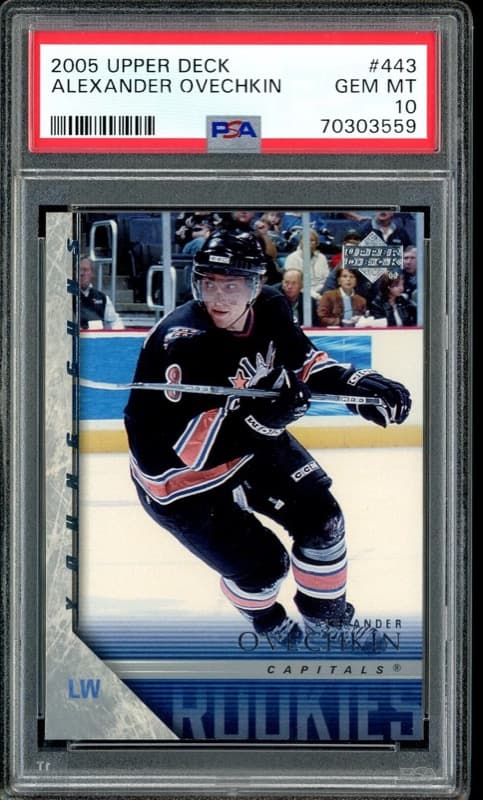 The 2005 Upper Deck Young Guns #443 Alexander Ovechkin in a PSA 10 slab, cert 70303559. Card image: eBay listing photo.