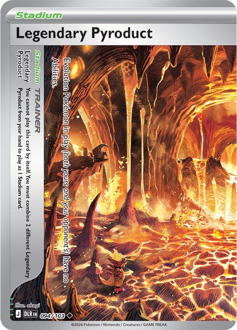 Legendary Pyroduct, card 094/103 from Pokemon TCG Mega Evolution Delta Reign, one half of a two-card Legendary Stadium. Card image: The Pokemon Company, pokemon.com.