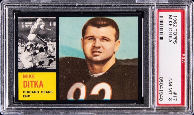 The 1962 Topps #17 Mike Ditka rookie in a PSA 8 slab, cert 05041940. Card image: Goldin lot photo.