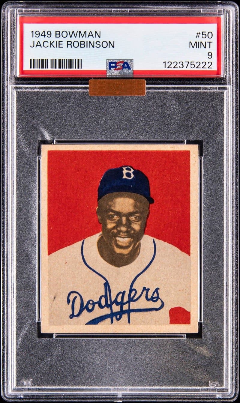 The 1949 Bowman #50 Jackie Robinson in a PSA Mint 9 holder, cert 122375222, the copy Goldin sold on October 10. Card image: Goldin lot photo.