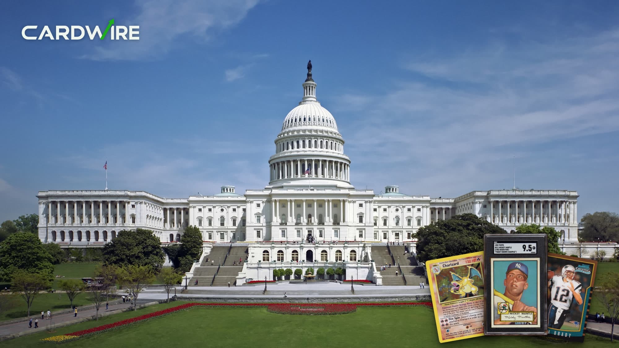 The U.S. Capitol with a 1999 Charizard, the 1952 Topps Mickey Mantle that sold for $12.6 million and a 2000 Tom Brady rookie in the corner