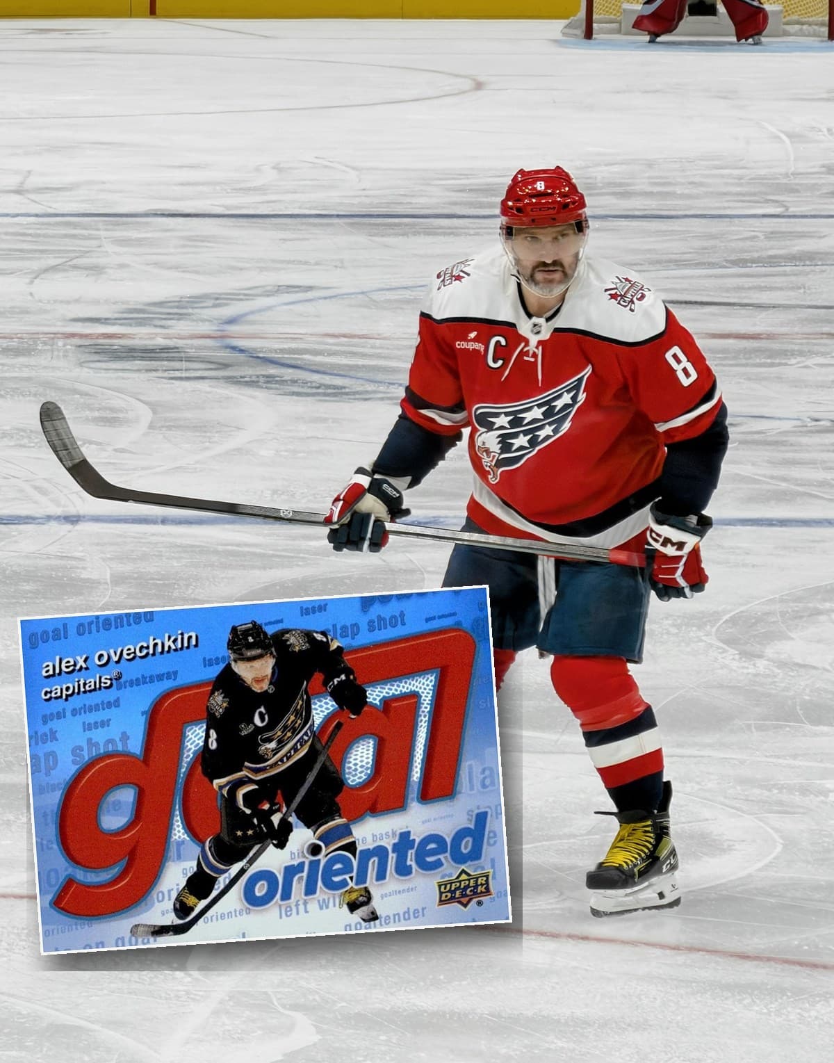 Alexander Ovechkin on the ice for the Washington Capitals in 2026, with his 2025-26 Upper Deck Goal Oriented card in front.