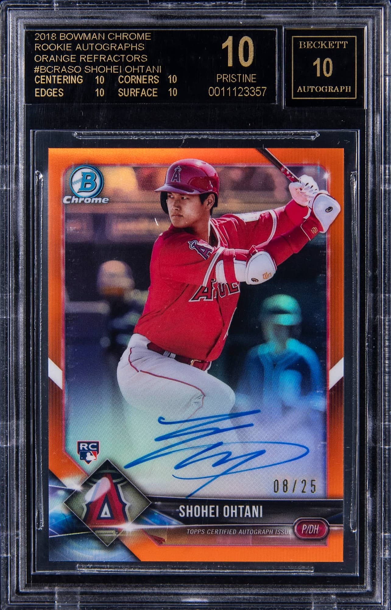 2018 Bowman Chrome Orange Refractor Shohei Ohtani autograph /25 in a BGS 10 Black Label slab