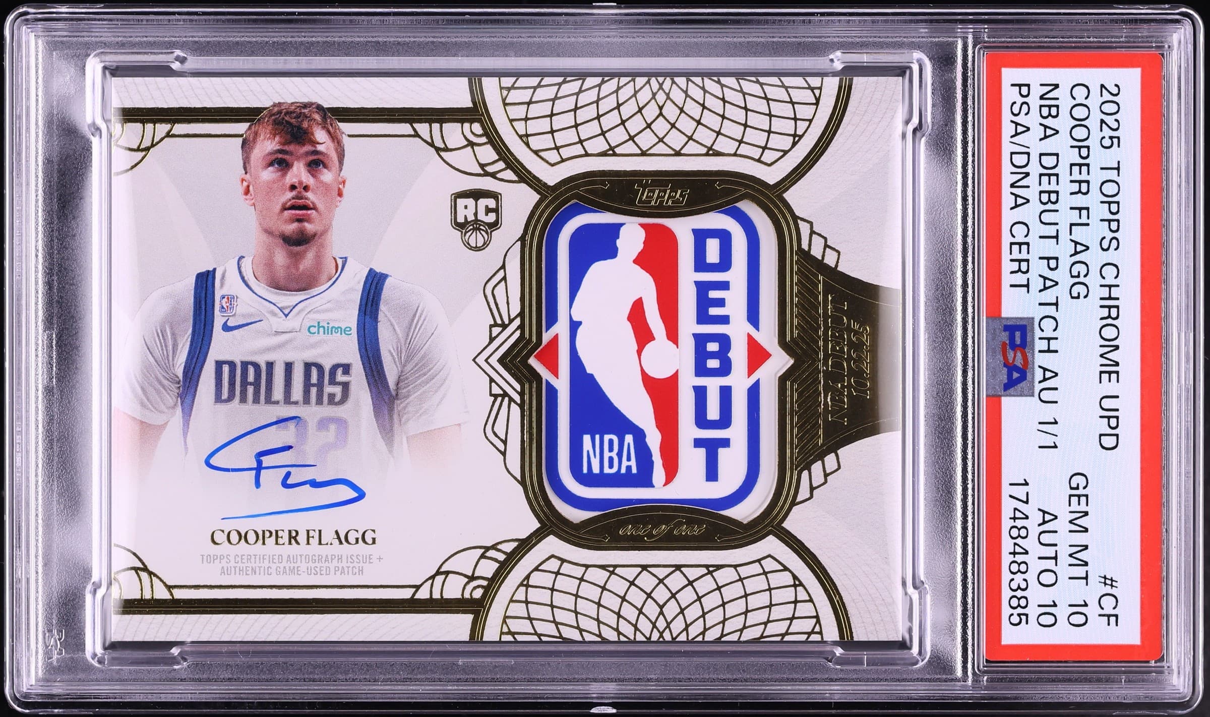 2025-26 Topps Chrome Update Cooper Flagg NBA Debut Patch Auto in a PSA 10 slab