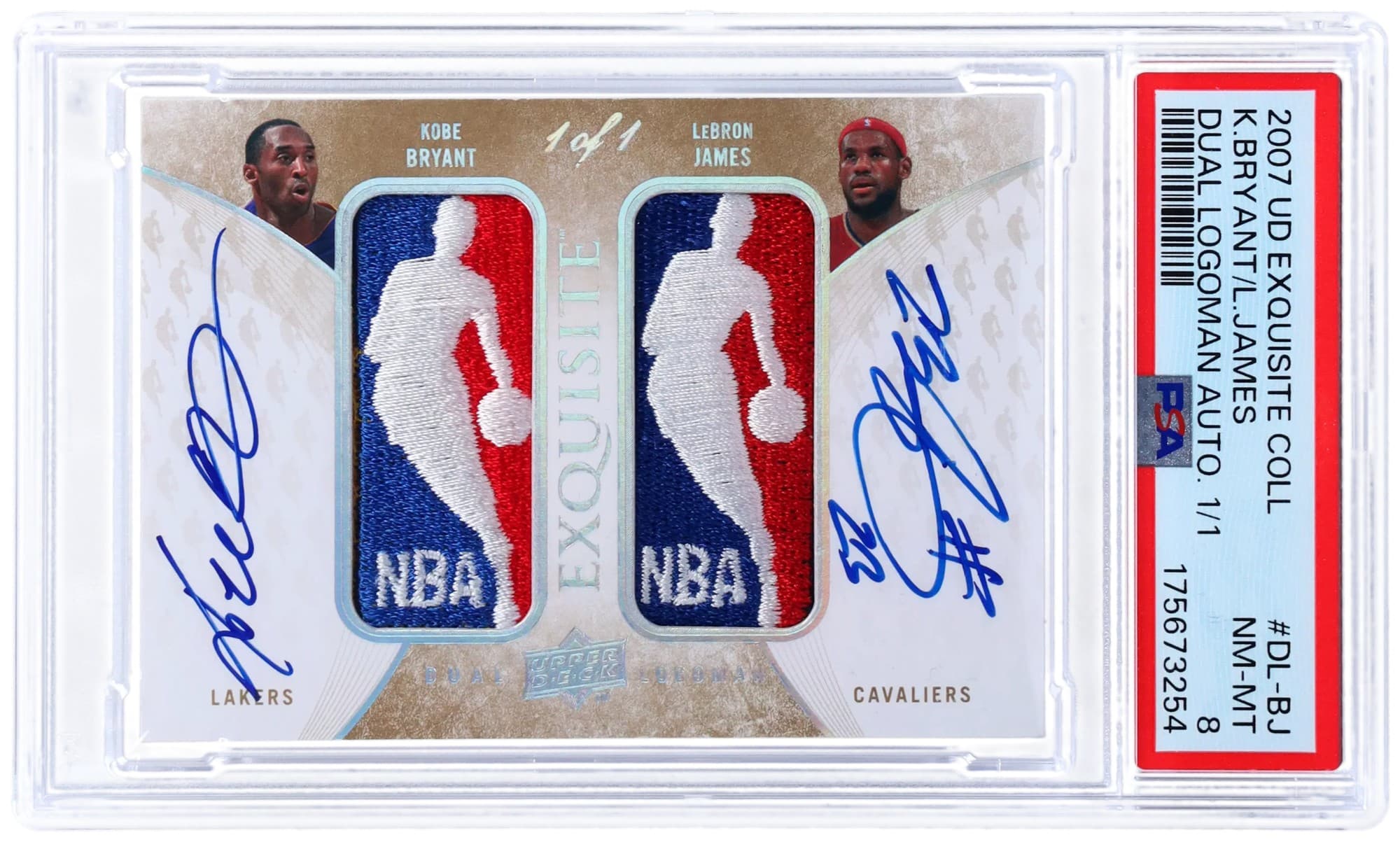 2007-08 Upper Deck Exquisite Dual Logoman of Kobe Bryant and LeBron James in a PSA 8 slab