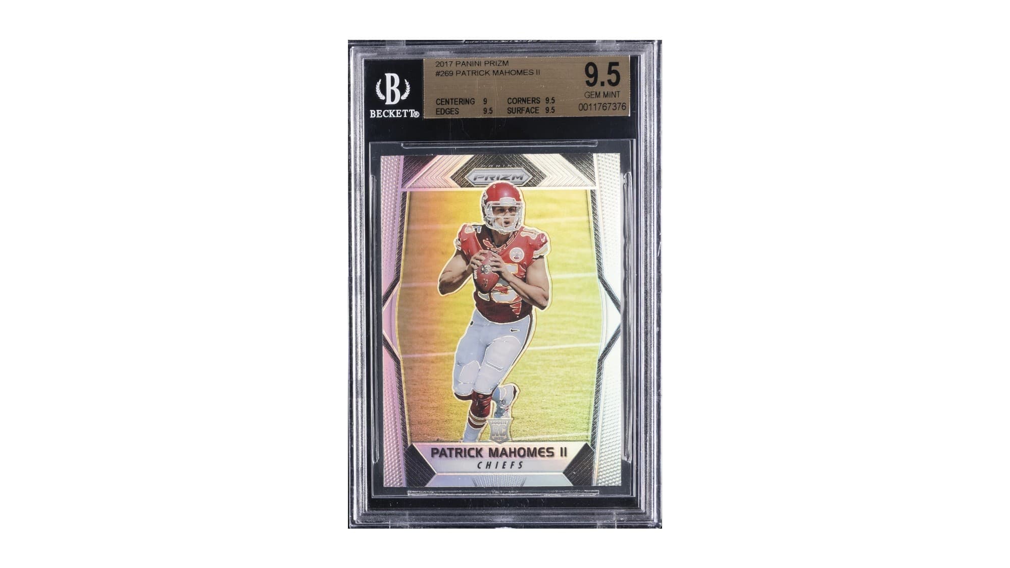 A 2017 Panini Prizm Patrick Mahomes II rookie card, number 269, in a BGS 9.5 holder