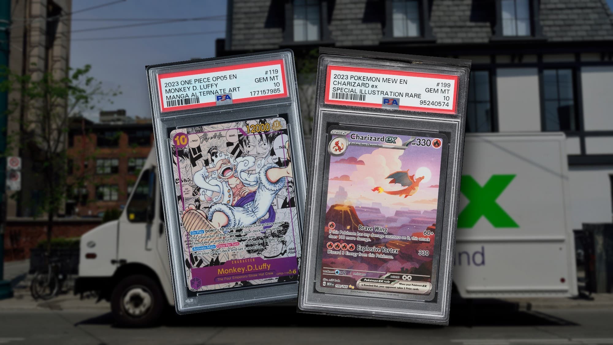 PSA 10 slabs of a 2023 Pokémon 151 Charizard ex Special Illustration Rare and a 2023 One Piece Monkey.D.Luffy OP05-119 manga alternate art in front of a FedEx Ground truck.