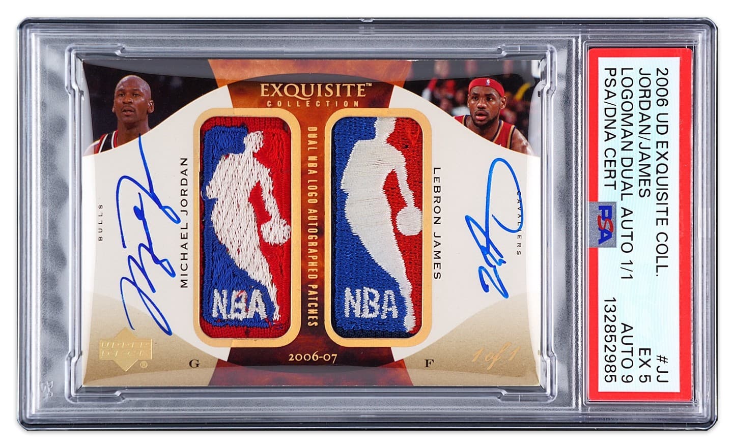 2006-07 Upper Deck Exquisite Dual Logoman of Michael Jordan and LeBron James in a PSA slab