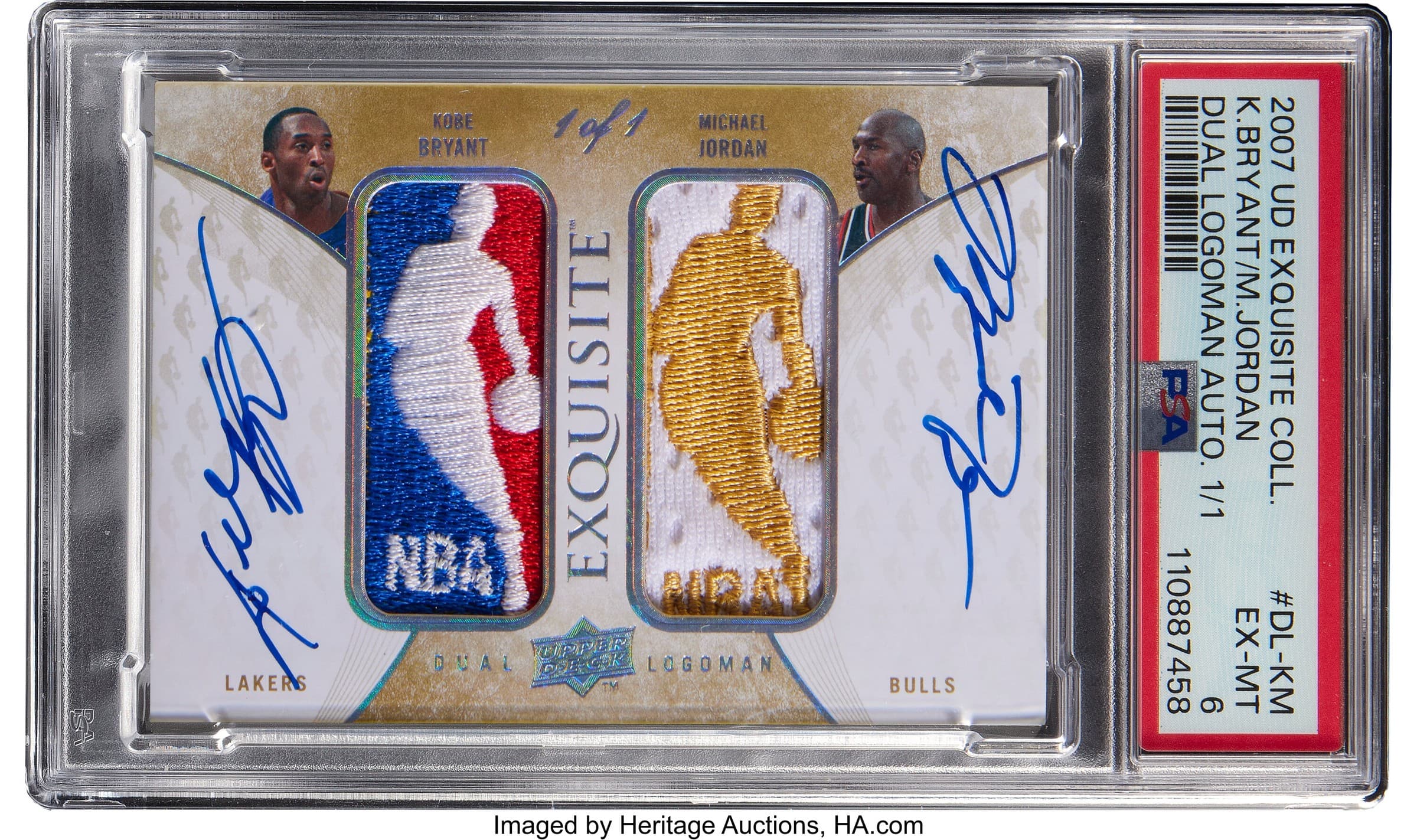 2007-08 Upper Deck Exquisite Dual Logoman of Michael Jordan and Kobe Bryant in a PSA 6 slab