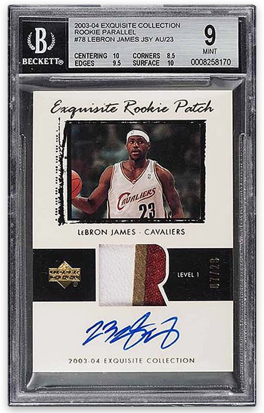 2003-04 Exquisite LeBron James Rookie Patch Auto /23 in a BGS 9 slab