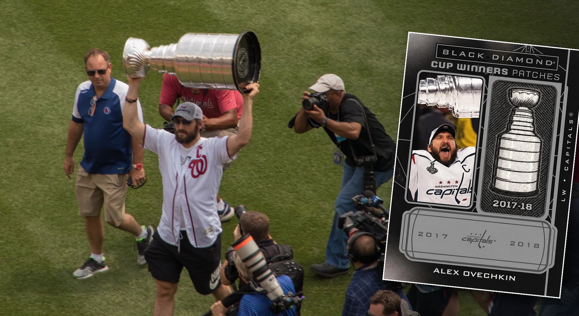 Alexander Ovechkin lifting the Stanley Cup at Nationals Park in 2018, with his 2021-22 Upper Deck Black Diamond Cup Winners Patches card in front.