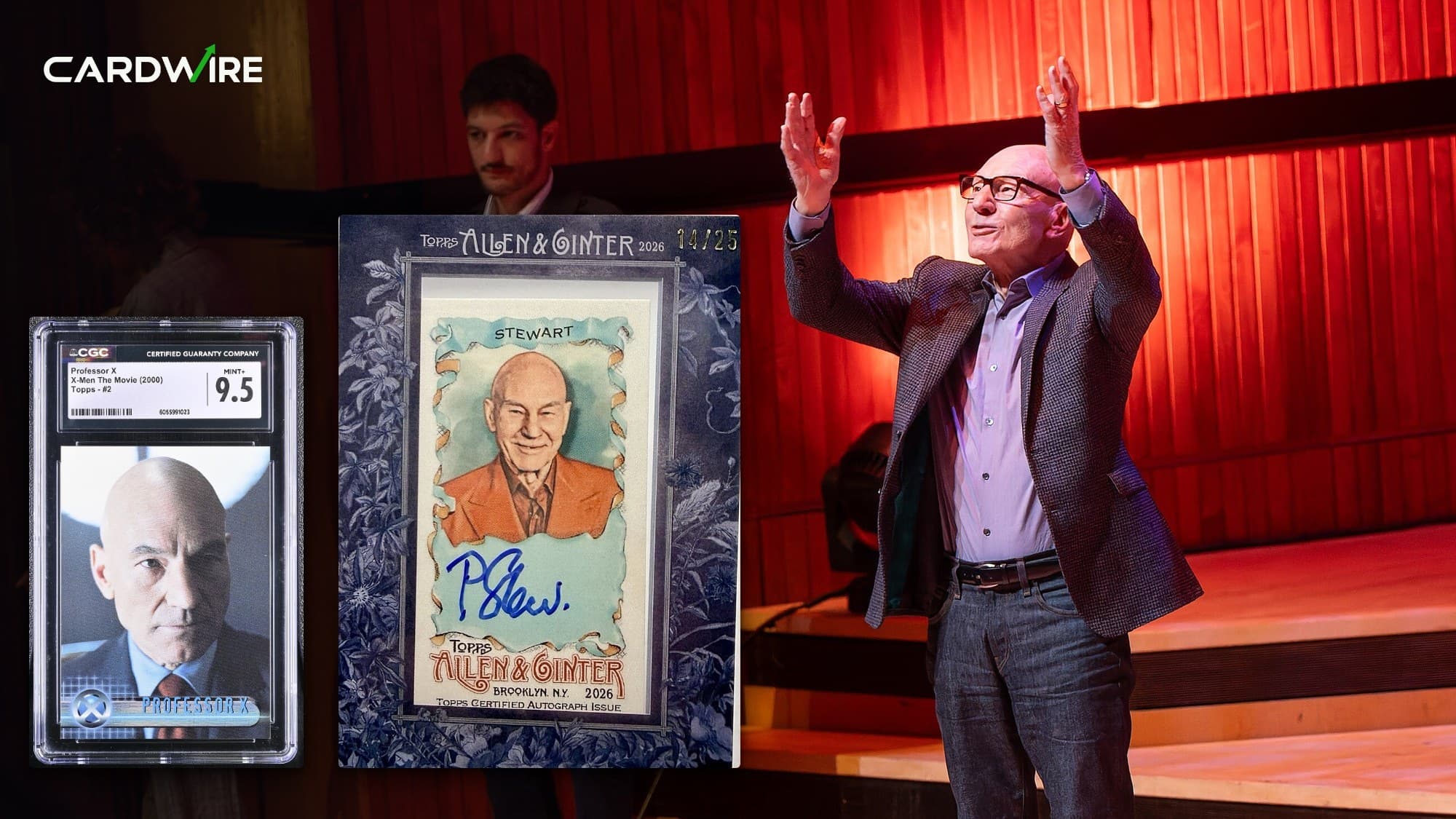 Patrick Stewart's 2000 Topps X-Men: The Movie Professor X #2 in a CGC 9.5 slab and his 2026 Topps Allen & Ginter Black Frame /25 mini autograph, over a photo of him raising both arms on stage at the Royal Festival Hall in London in October 2023