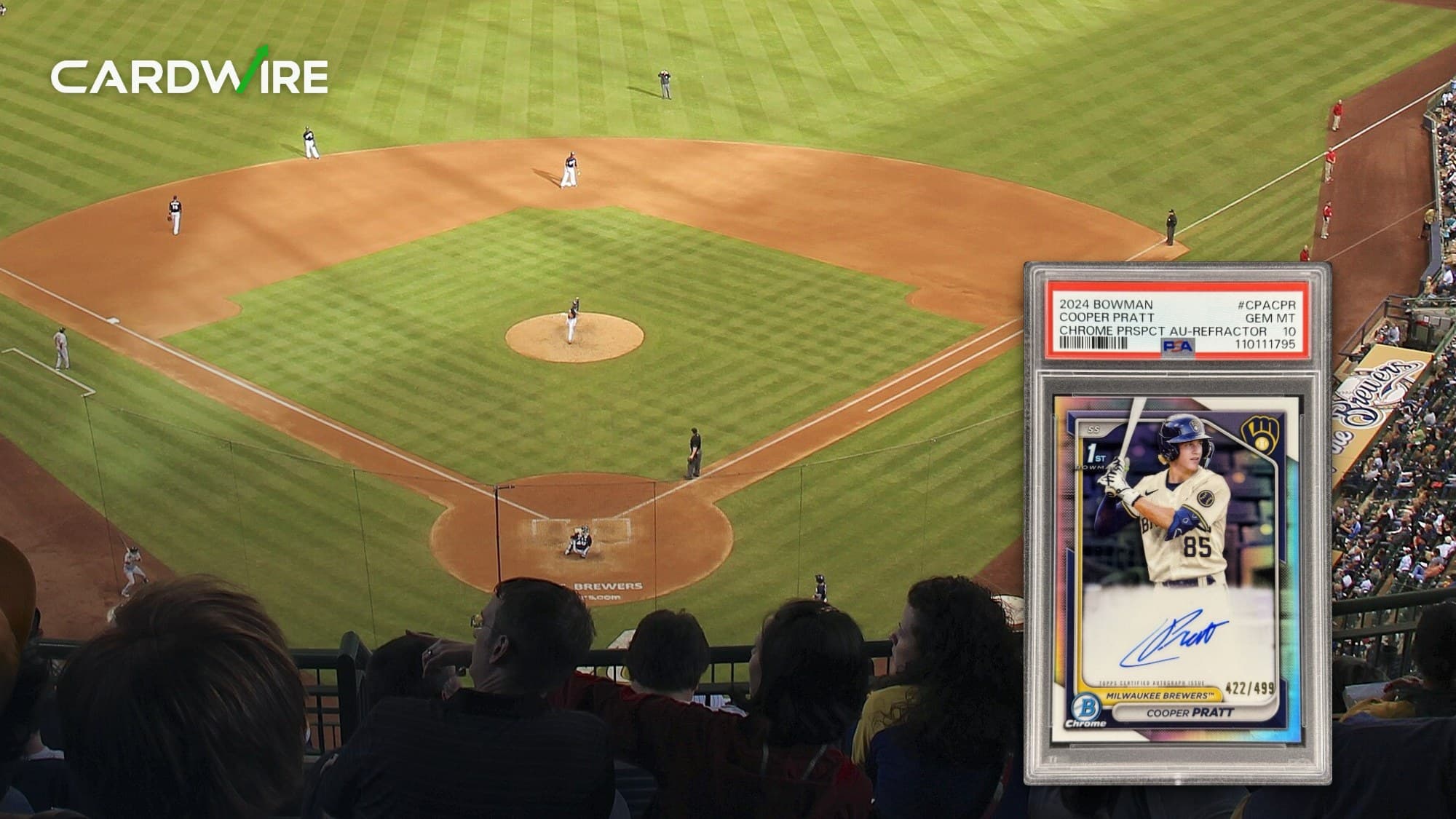 Cooper Pratt's 2024 Bowman Chrome Prospect Autographs Refractor /499 PSA 10 slab over the infield at the Milwaukee Brewers' ballpark