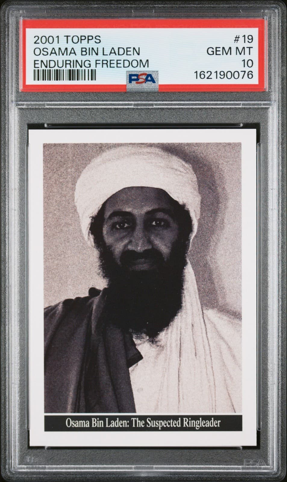 2001 Topps Enduring Freedom #19 Osama bin Laden card in a PSA 10 slab.