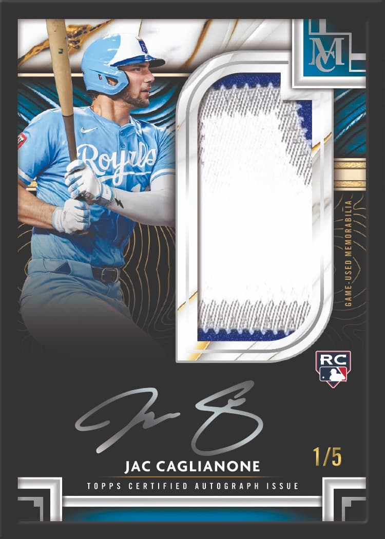 Jac Caglianone 2026 Topps Museum Collection Museum Framed Autograph Relic rookie card, black frame, numbered 1 of 5
