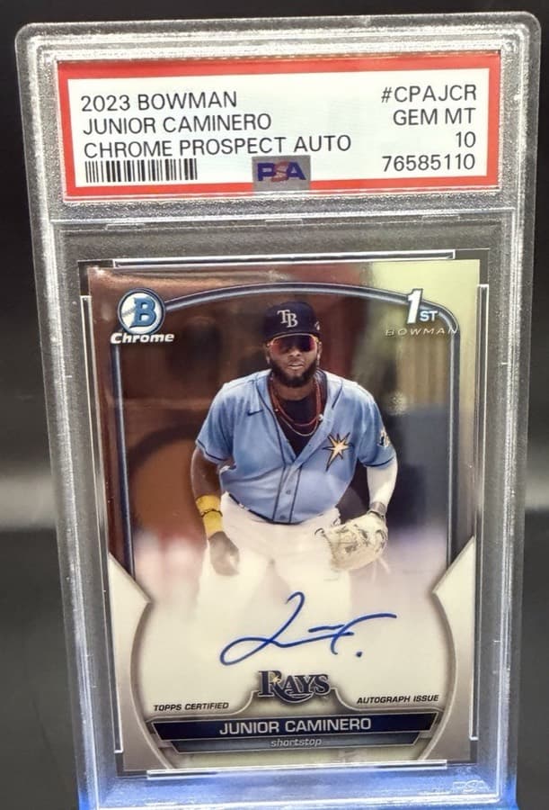 A 2023 Bowman Chrome Prospect Autograph Junior Caminero, #CPA-JCR, his 1st Bowman Chrome autograph, in a PSA Gem Mint 10 slab