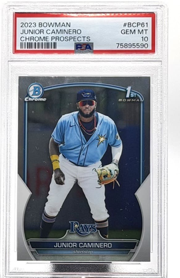 A 2023 Bowman Chrome Prospects Junior Caminero, #BCP-61, his 1st Bowman Chrome card, in a PSA Gem Mint 10 slab