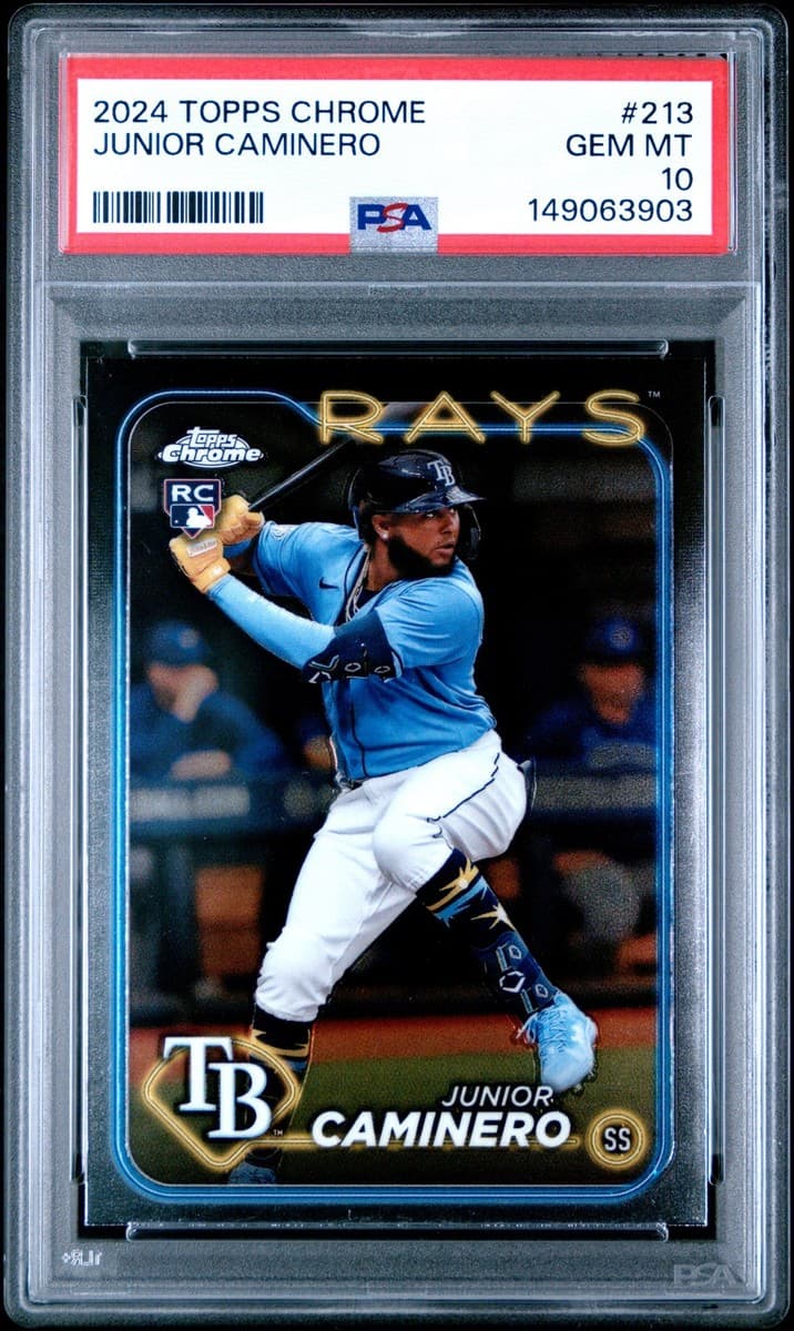 2024 Topps Chrome Junior Caminero #213 rookie card in a PSA 10 Gem Mint slab