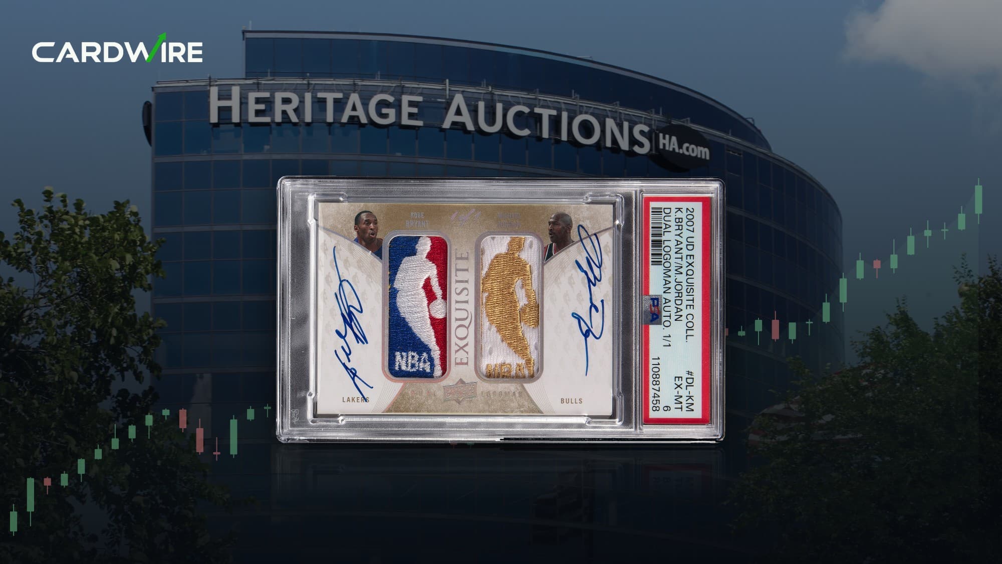 The 2007-08 Upper Deck Exquisite Jordan and Kobe Dual Logoman in a PSA 6 slab in front of Heritage Auctions' headquarters in Dallas