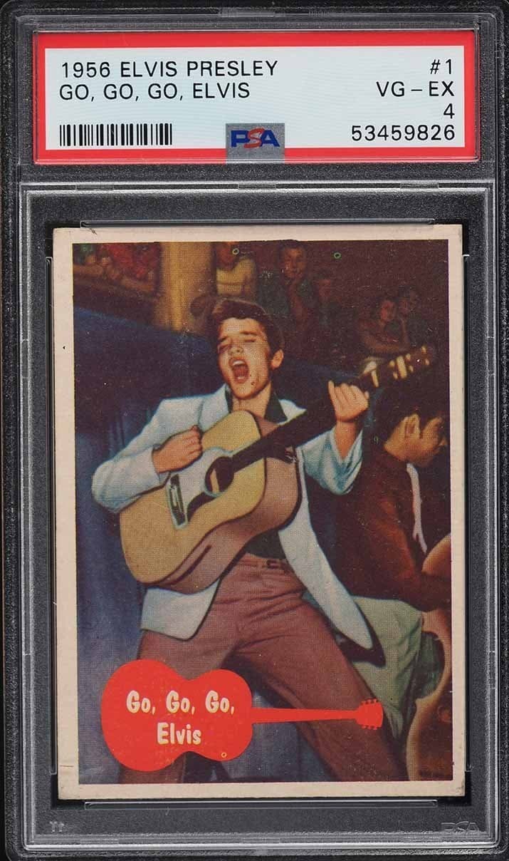 1956 Topps Elvis Presley #1 "Go, Go, Go, Elvis" card in a PSA 4 slab.