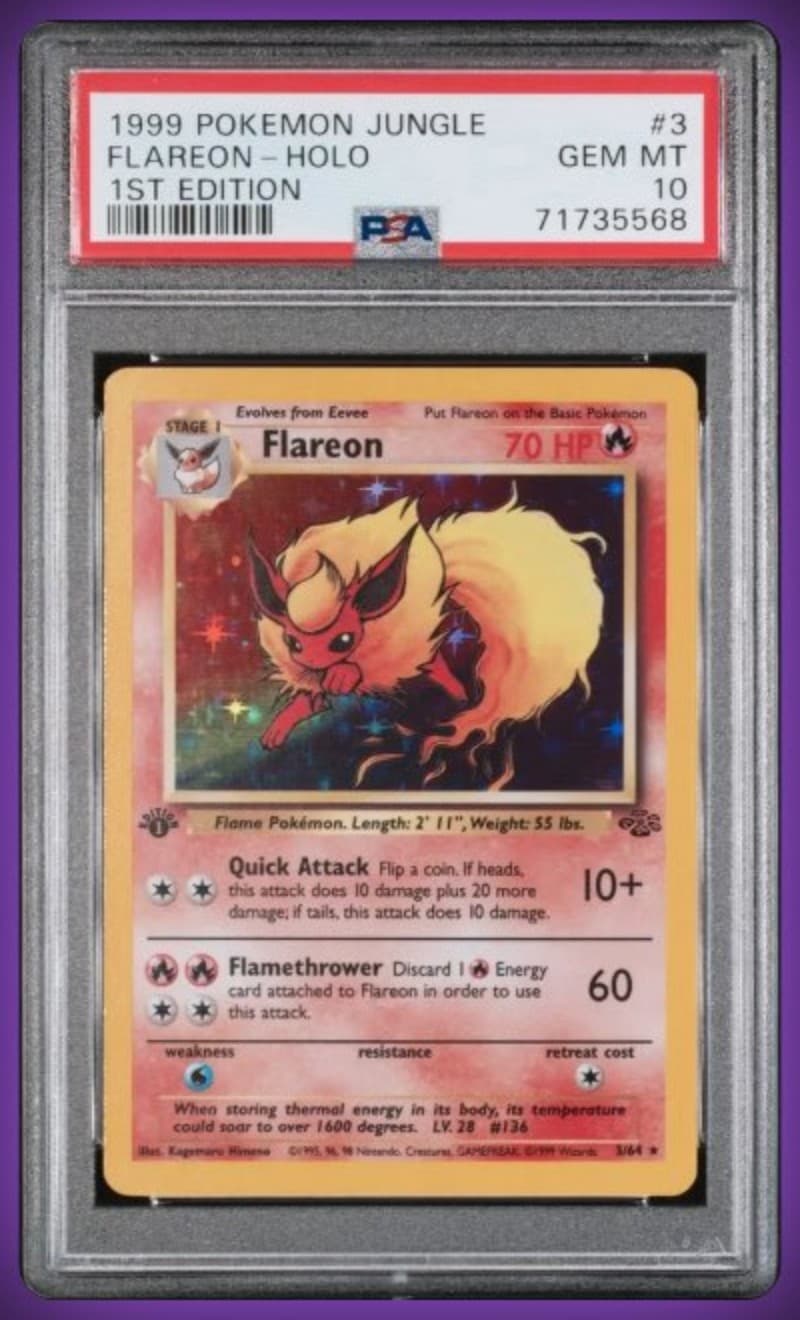1999 Pokémon Jungle 1st Edition Flareon holo #3 in a PSA 10 slab, cert 71735568