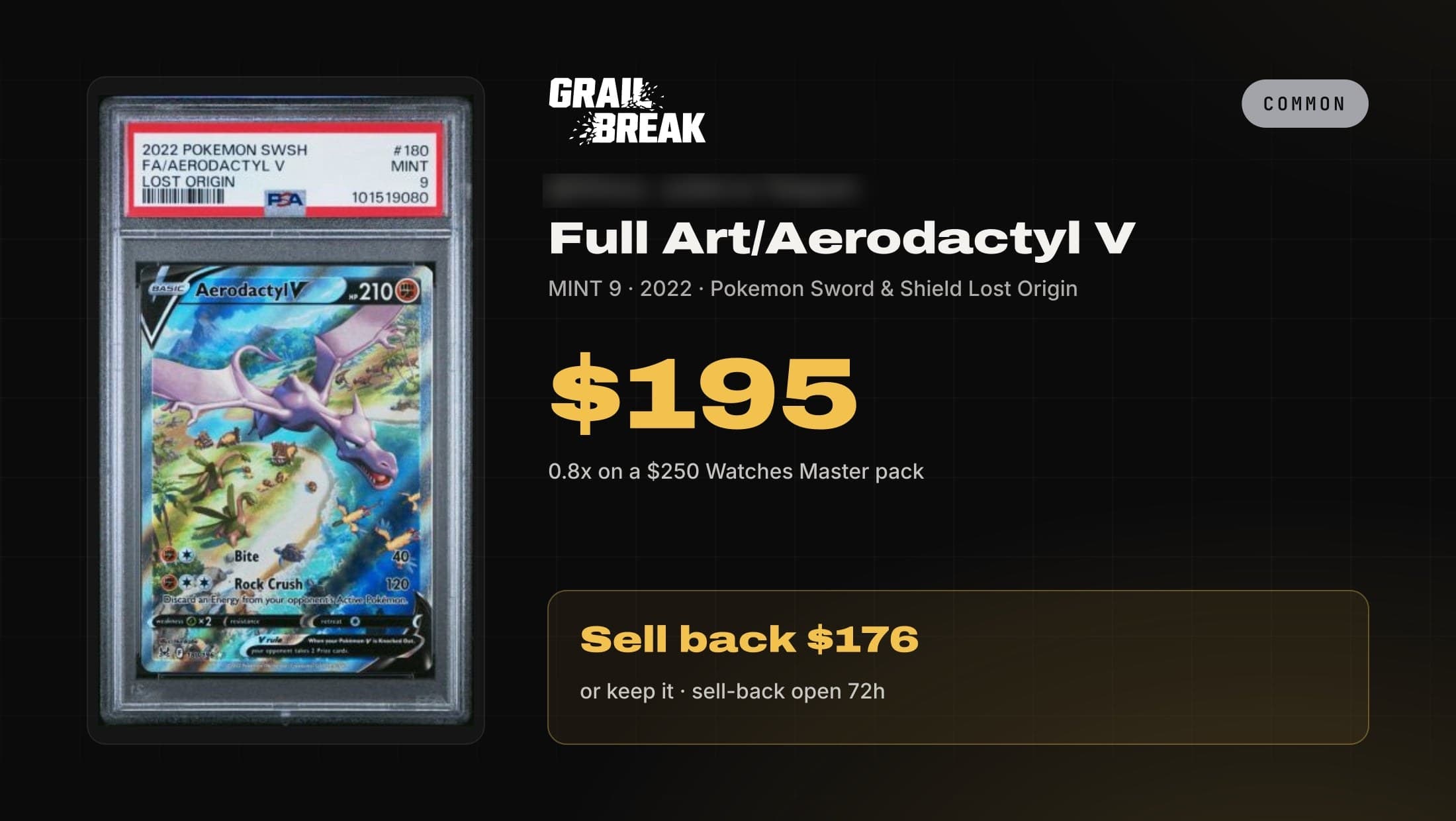 Grail Break pull card for a 2022 Lost Origin Aerodactyl V full art in a PSA 9, valued at $195 from a $250 Watches Master pack.
