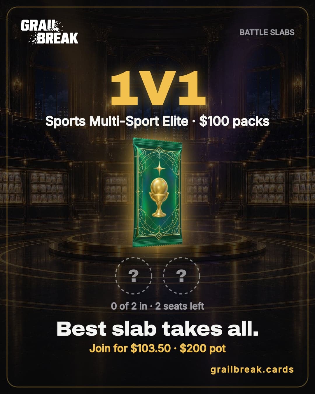 A Grail Break Battle Slabs lobby: a 1v1 on $100 Sports packs for a $200 pot.