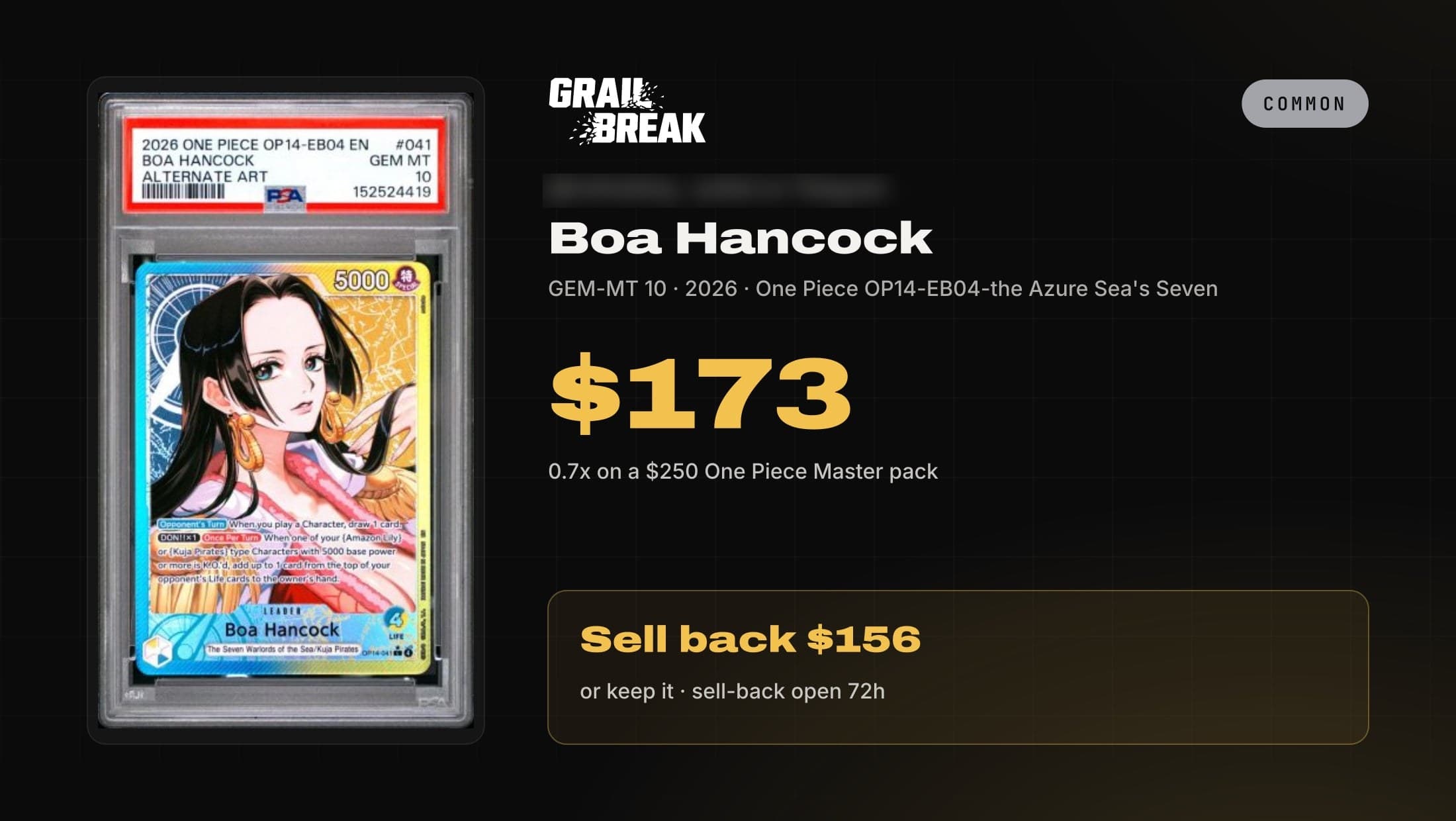 Grail Break pull card for a 2026 One Piece OP14-EB04 Boa Hancock in a PSA 10, valued at $173 from a $250 One Piece Master pack.
