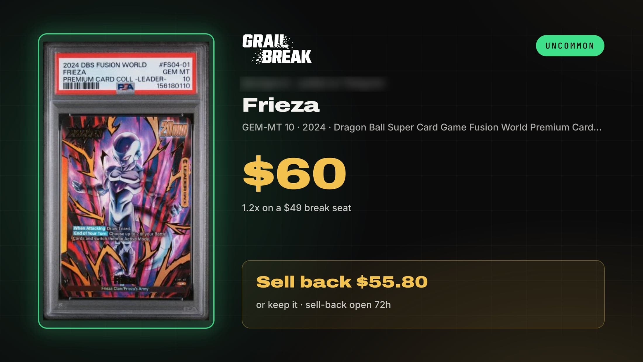 Grail Break pull card for a 2024 Dragon Ball Super Fusion World Frieza in a PSA 10, valued at $60 from a $49 break seat.