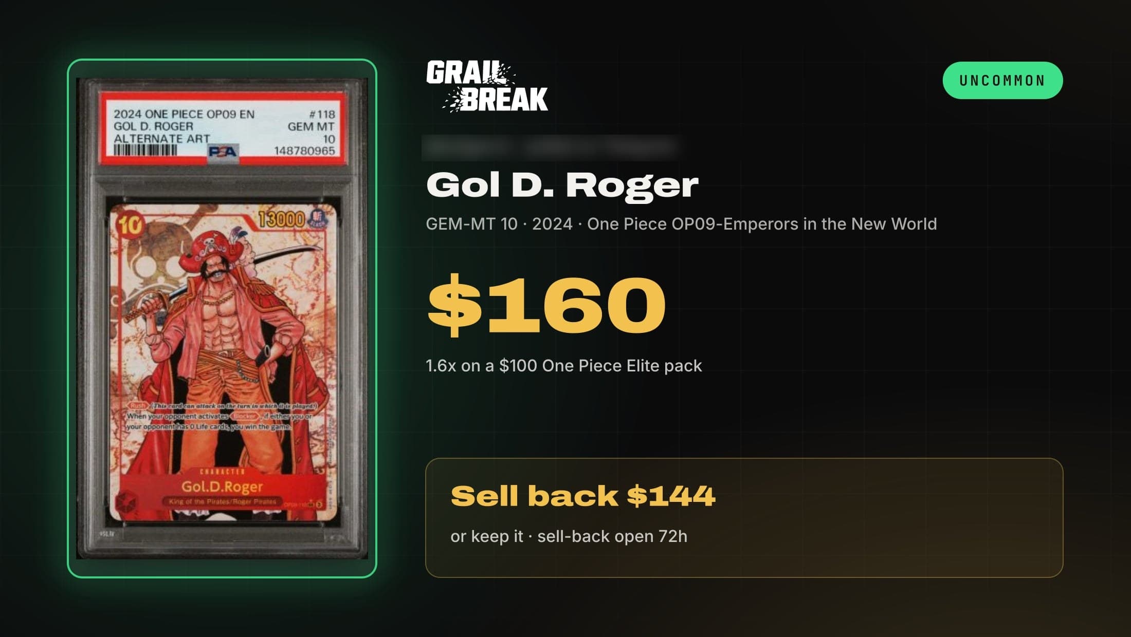 Grail Break pull card for a 2024 One Piece OP09 Gol D. Roger in a PSA 10, valued at $160 from a $100 One Piece Elite pack.