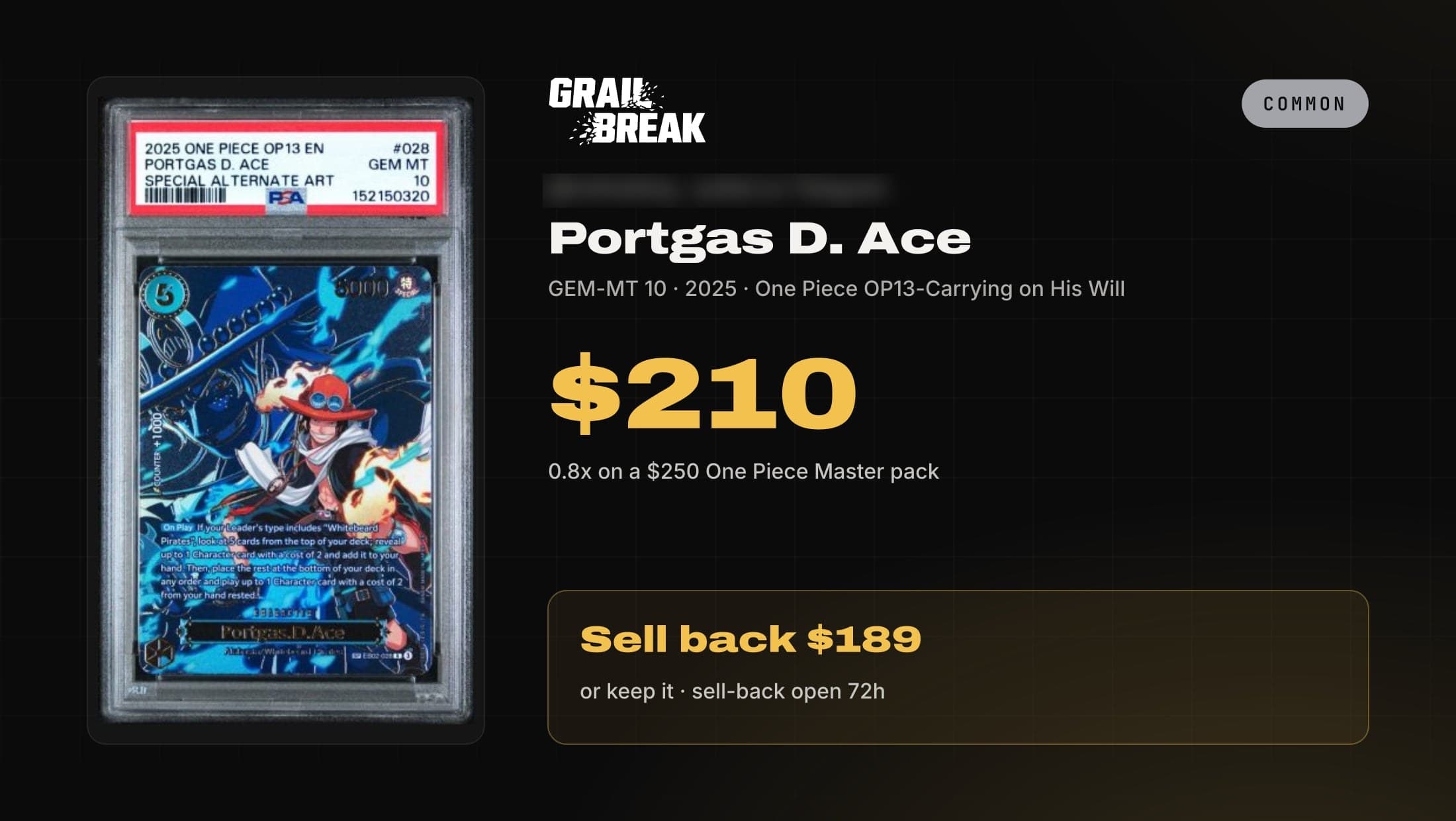 Grail Break pull card for a 2025 One Piece OP13 Portgas D. Ace in a PSA 10, valued at $210 from a $250 One Piece Master pack.