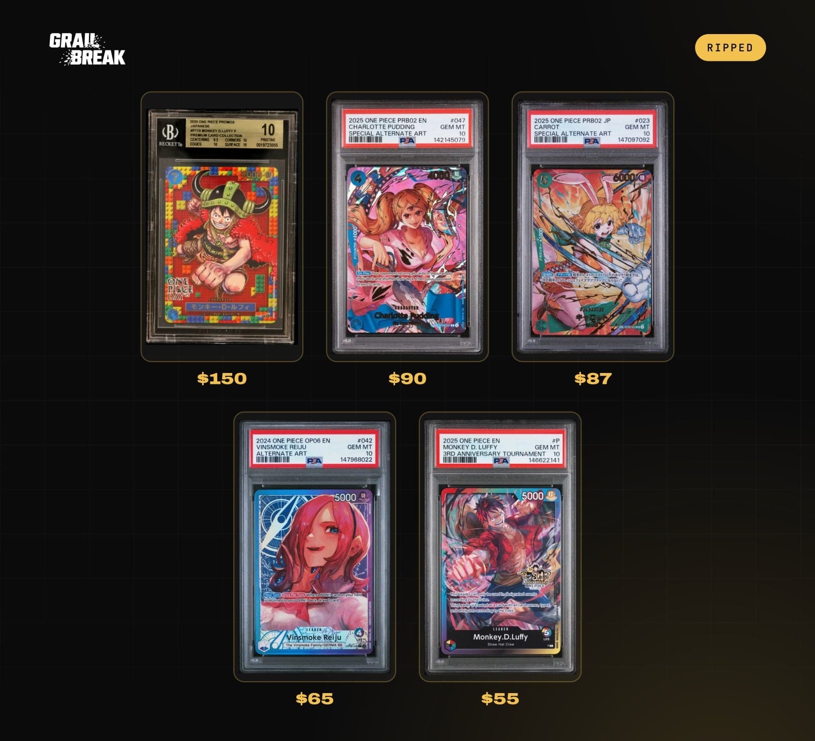Grail Break recap card showing five graded One Piece slabs from one rip, valued $55 to $150.