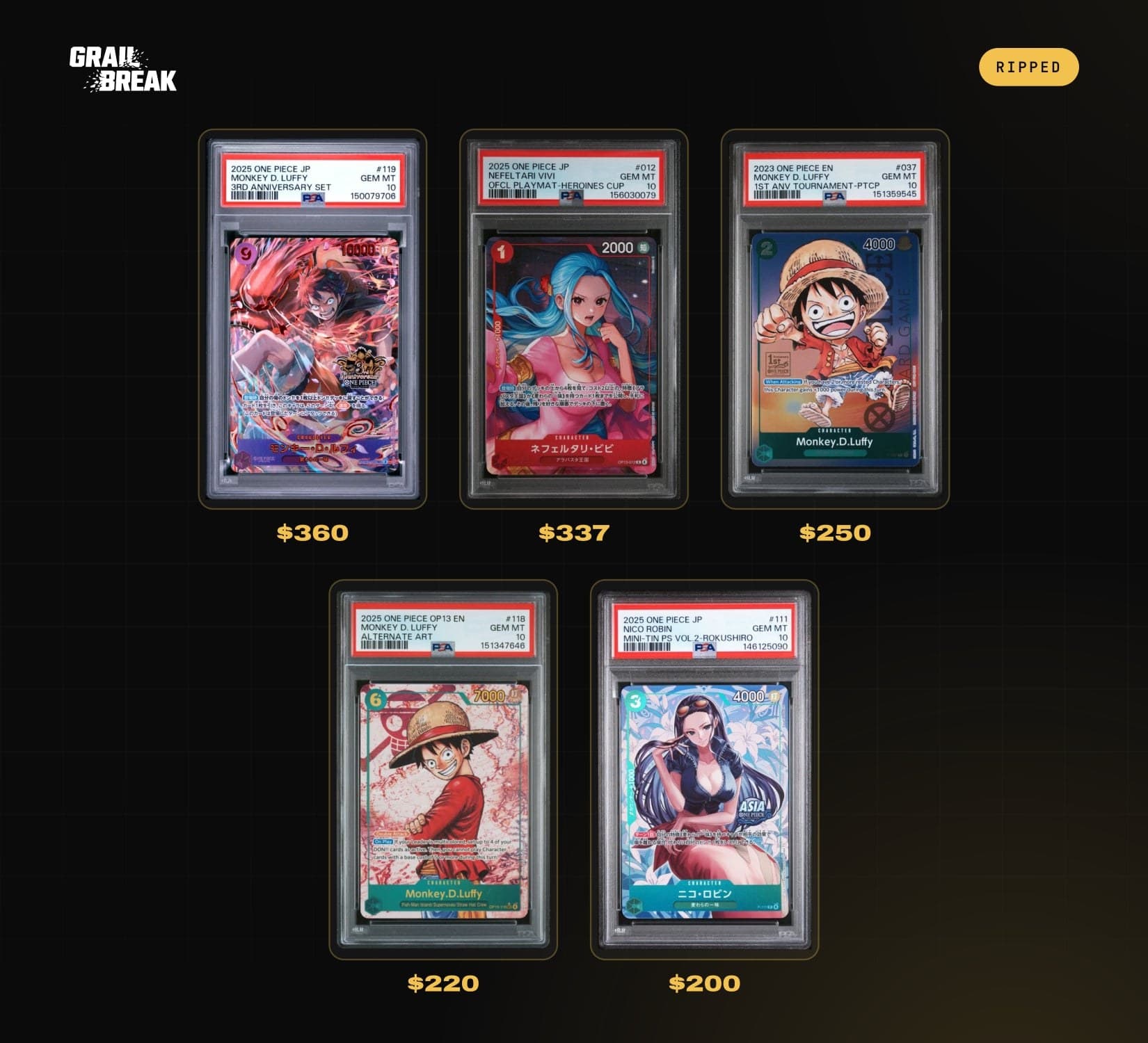 Grail Break recap card showing five graded One Piece slabs from one rip, valued $200 to $360.